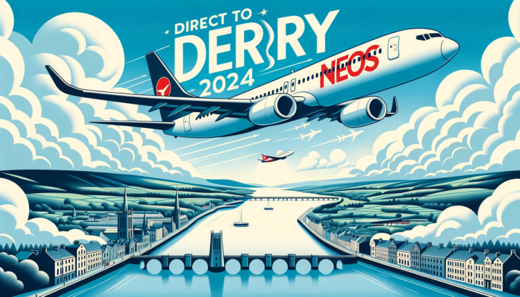 Neos Airline plane soaring over Derry