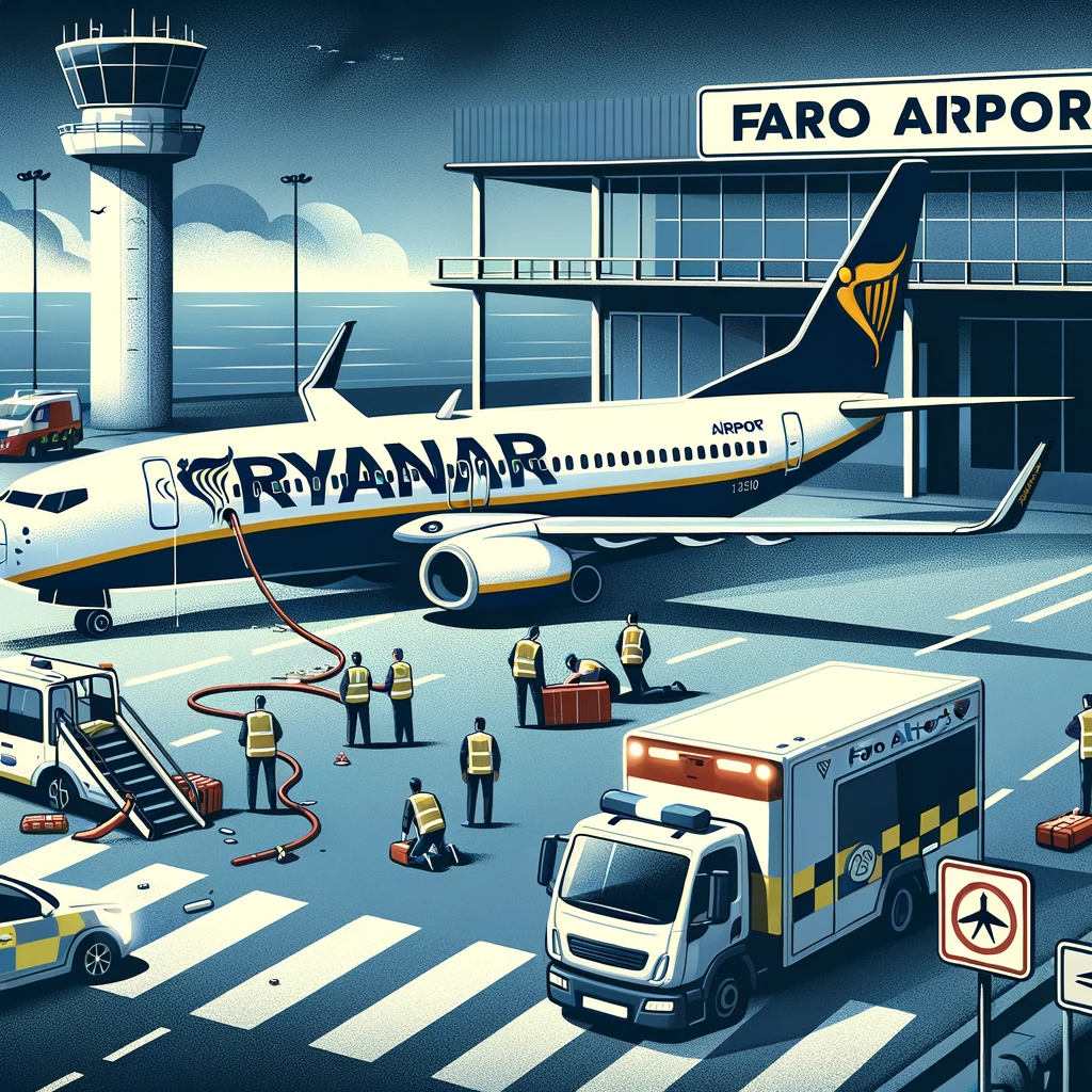 Illustration of an airport scene where a commercial jet with a design similar to a Ryanair plane is being attended to by emergency crews.