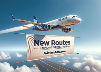 Photo of a Vistara airline aircraft in flight with a clear blue sky in the background. A banner draped along the bottom of the image reads 'New Routes