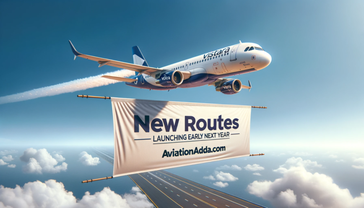 Photo of a Vistara airline aircraft in flight with a clear blue sky in the background. A banner draped along the bottom of the image reads 'New Routes
