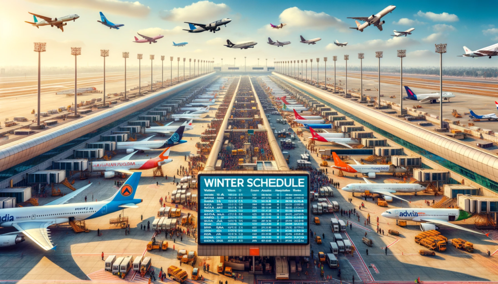 Photo of a busy Indian airport terminal with multiple foreign airlines' aircraft parked at the gates.
