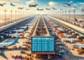Photo of a busy Indian airport terminal with multiple foreign airlines' aircraft parked at the gates.