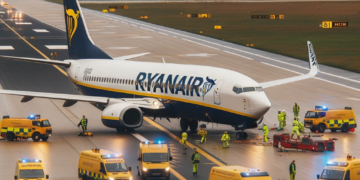 Illustration of an airport scene where a commercial jet with a design similar to a Ryanair plane is being attended to by emergency crews. The airport
