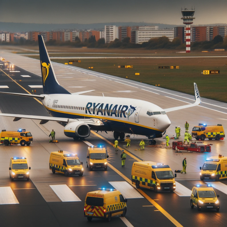 Illustration of an airport scene where a commercial jet with a design similar to a Ryanair plane is being attended to by emergency crews. The airport