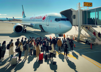 Photo of an Air Canada aircraft parked at a gate with the boarding bridge attached. Passengers of diverse ethnicities and genders are seen boarding