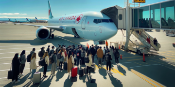 Photo of an Air Canada aircraft parked at a gate with the boarding bridge attached. Passengers of diverse ethnicities and genders are seen boarding