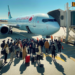 Photo of an Air Canada aircraft parked at a gate with the boarding bridge attached. Passengers of diverse ethnicities and genders are seen boarding