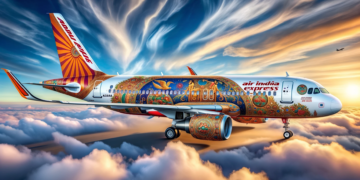 Photo of an Air India Express A320neo aircraft showcasing a stunning livery transformation with ancient Indian art motifs