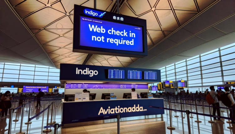 Photo of an IndiGo airline counter inside an airport terminal. Above the counter, a digital signboard displays in bold, clear letters_ 'Web Check in not required