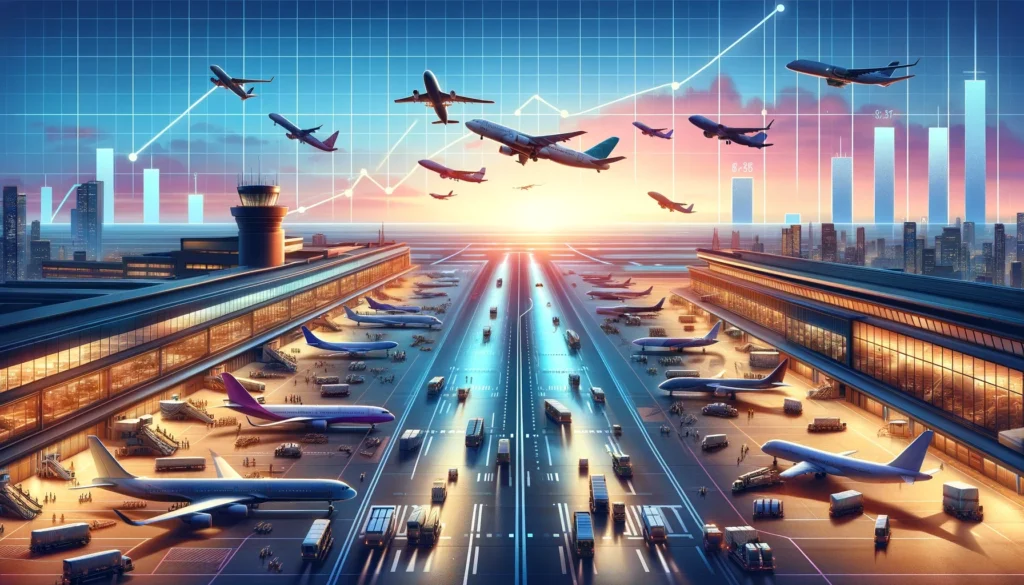 A-airport-runway-bustling-with-various-types-of-aircraft-from-different-airlines-symbolizing-a-vibrant-rebound-in-air-travel