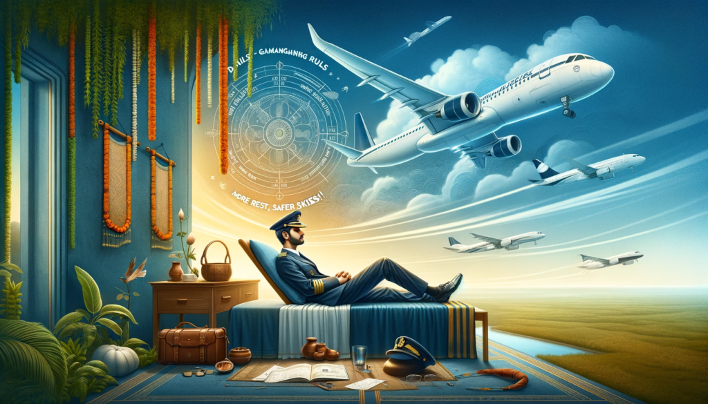 A-conceptual-image-representing-new-aviation-safety-regulations-in-India.-The-foreground-shows-a-serene-Indian-pilot-in-uniform-getting-ample-rest