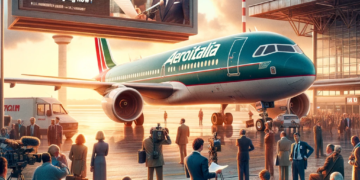 A dramatic scene at an airport terminal, with a large Aeroitalia branded aircraft parked at the gate.