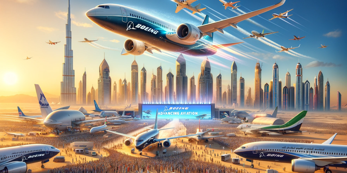 A dynamic scene of the Dubai Airshow 2023 featuring Boeing's latest aircraft fleet. The desert skyline of Dubai with its iconic skyscrapers