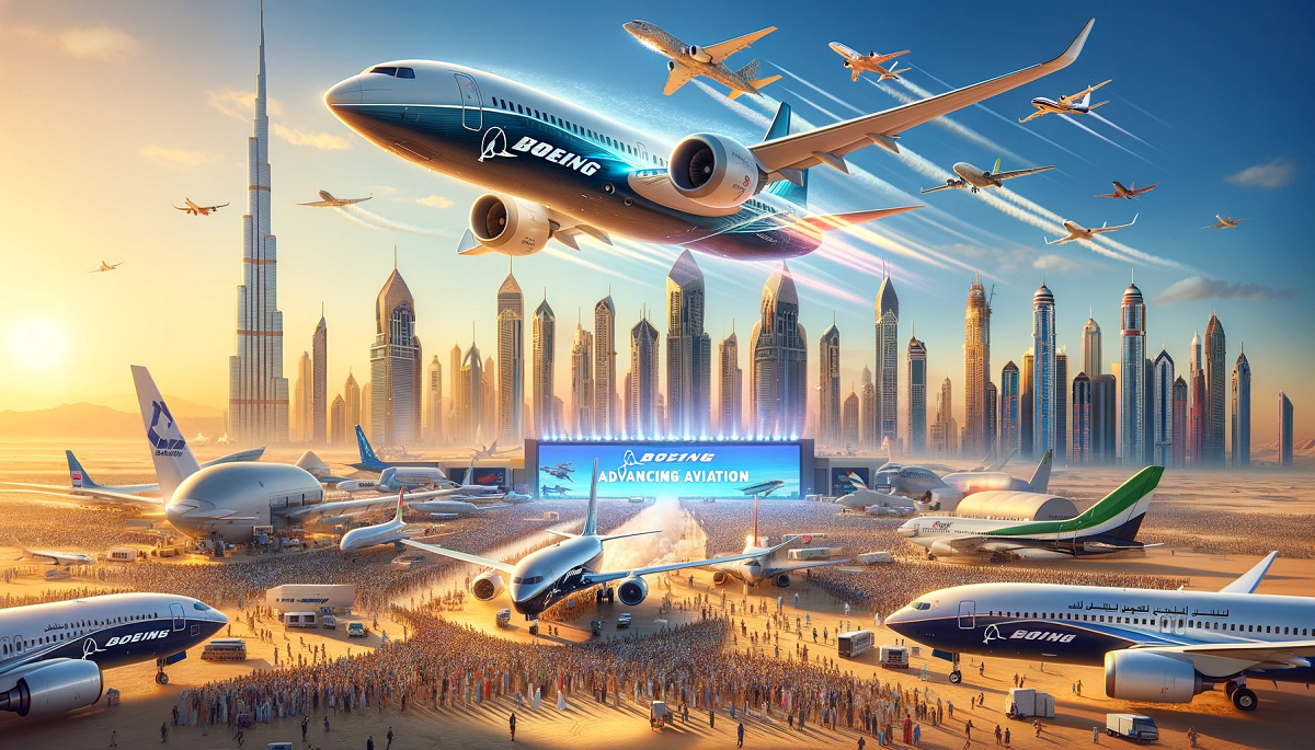A dynamic scene of the Dubai Airshow 2023 featuring Boeing's latest aircraft fleet. The desert skyline of Dubai with its iconic skyscrapers