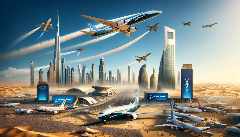 A dynamic scene of the Dubai Airshow 2023 featuring Boeing's latest aircraft fleet. The desert skyline of Dubai with its iconic skyscrapers