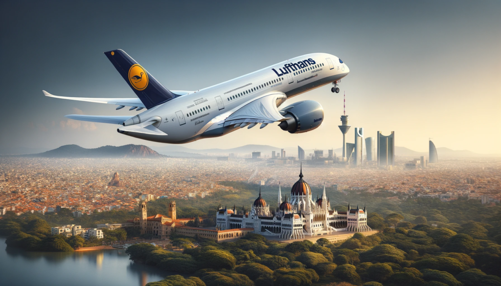 A realistic image of a luxurious Lufthansa Airbus A350 taking off from Bengaluru, India, heading to Munich, Germany. The scene is set against a clear 