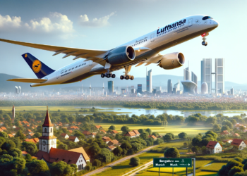 A realistic image of a luxurious Lufthansa Airbus A350 taking off from Bengaluru, India, heading to Munich, Germany. The scene is set against a clear