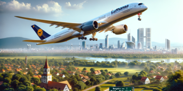 A realistic image of a luxurious Lufthansa Airbus A350 taking off from Bengaluru, India, heading to Munich, Germany. The scene is set against a clear