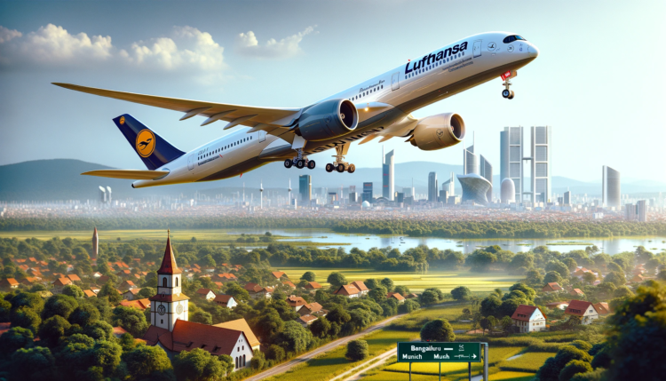 A realistic image of a luxurious Lufthansa Airbus A350 taking off from Bengaluru, India, heading to Munich, Germany. The scene is set against a clear