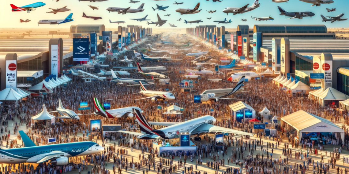 vibrant-and-busy-airshow-scene-at-Dubai-with-a-clear-sky-and-an-array-of-diverse-aircraft-from-different-countries-showcased-on-the-ground