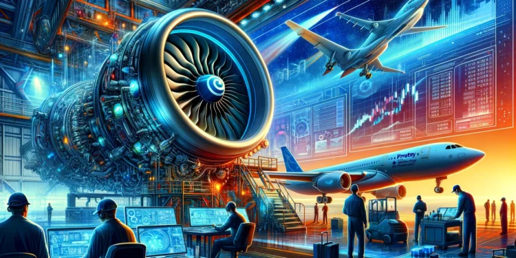 A vibrant digital artwork illustrating a high-tech aerospace theme to represent Pratt & Whitney's $870 million deal in revolutionizing military engine
