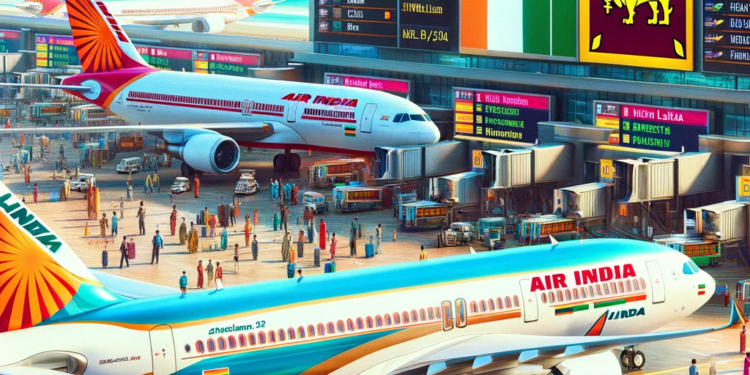 A vibrant image showcasing an alliance between Air India and SriLankan Airlines. In the foreground, two airplanes from each airline are parked