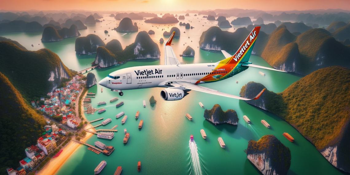 Aerial-photo-of-a-VietJet-Air-airplane-flying-over-the-iconic-Ha-Long-Bay-in-Vietnam