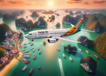 Aerial-photo-of-a-VietJet-Air-airplane-flying-over-the-iconic-Ha-Long-Bay-in-Vietnam