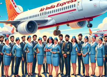Air-India-Express-aircraft-on-the-tarmac-with-clear-blue-skies-above.-In-the-foreground-a-group-of-diverse-cabin-crew-members-in-their-Air-India-Express