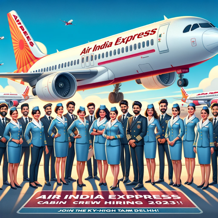 Air-India-Express-aircraft-on-the-tarmac-with-clear-blue-skies-above.-In-the-foreground-a-group-of-diverse-cabin-crew-members-in-their-Air-India-Express