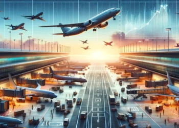A-airport-runway-bustling-with-various-types-of-aircraft-from-different-airlines-symbolizing-a-vibrant-rebound-in-air-travel