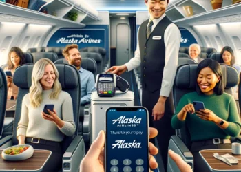 Alaska Airlines airplane, with passengers using their iPhones to make contactless payments to a flight attendant
