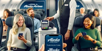 Alaska Airlines airplane, with passengers using their iPhones to make contactless payments to a flight attendant