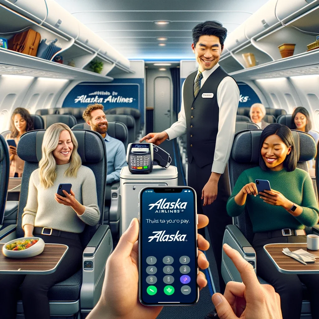 Alaska Airlines airplane, with passengers using their iPhones to make contactless payments to a flight attendant