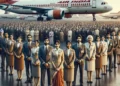 An-Air-India-aircraft-parked-at-an-airport-with-the-airlines-logo-visible.-In-the-foreground-a-group-of-Air-India-cabin-crew-in-uniform
