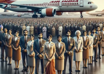 An-Air-India-aircraft-parked-at-an-airport-with-the-airlines-logo-visible.-In-the-foreground-a-group-of-Air-India-cabin-crew-in-uniform