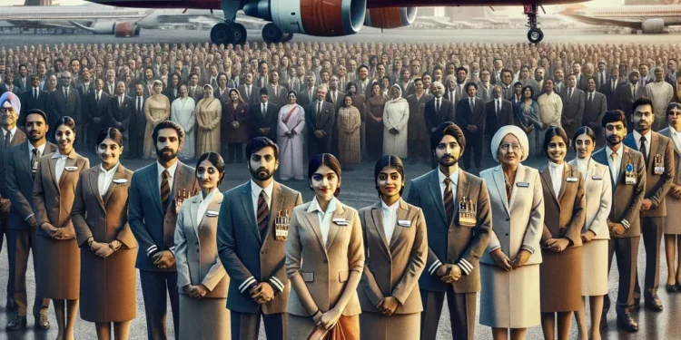 An-Air-India-aircraft-parked-at-an-airport-with-the-airlines-logo-visible.-In-the-foreground-a-group-of-Air-India-cabin-crew-in-uniform