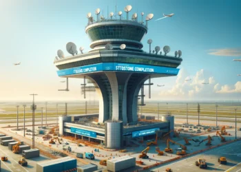 An advanced and modern air traffic control (ATC) tower at Noida International Airport, showing a significant milestone completion with a banner