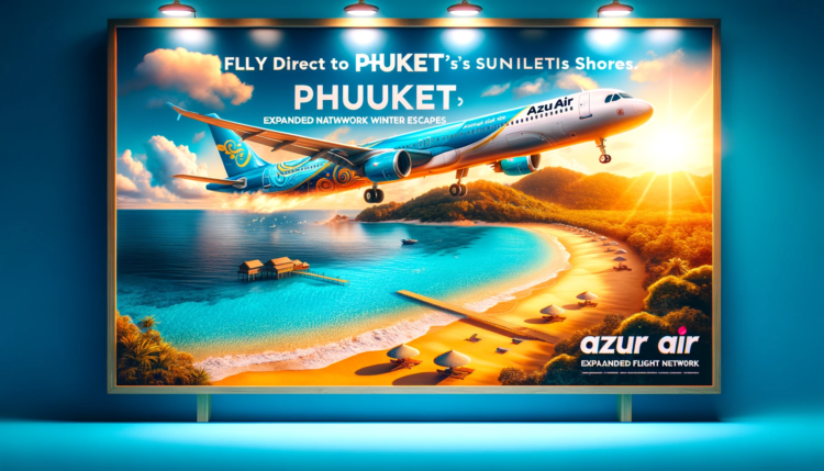 An advertisement banner for AZUR Air's expanded flight network to Phuket. The banner features a stunning beach scene with golden sand