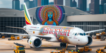 Ethiopian-Airlines-aircraft-being-serviced-at-Atlanta-airport.-The-plane-features-a-special-decal-announcing-a-fleet-update
