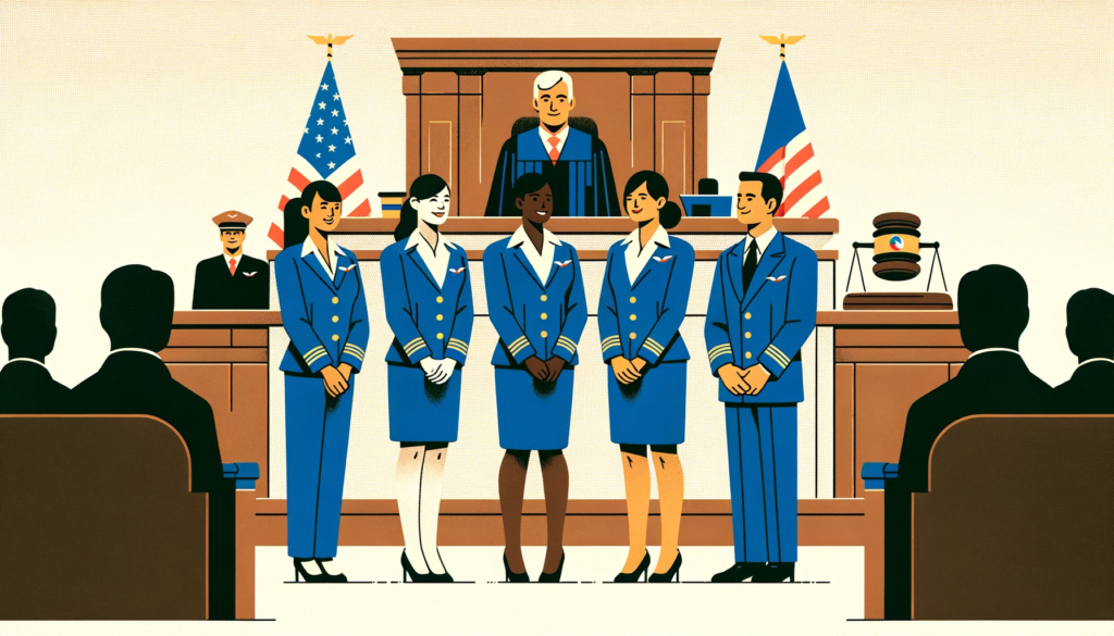 Illustration in a simple and flat style depicting a symbolic courtroom scene. Four flight attendants in American Airlines uniforms.