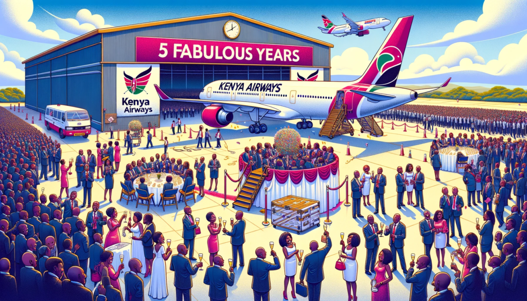 Illustration of a grand event at a Kenya Airways hangar with banners reading '5 Fabulous Years' and a Kenya Airways aircraft in the background.
