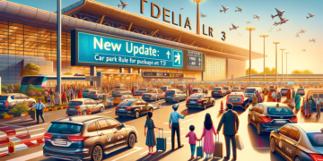 Image depicting the entrance of Terminal 3 at Delhi Airport with large digital signboards announcing the revocation of the mandatory car park rule at IGI Airport DEL T3