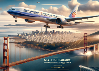 Image of a China Airlines plane taking off against a backdrop of the iconic Golden Gate Bridge in San Francisco