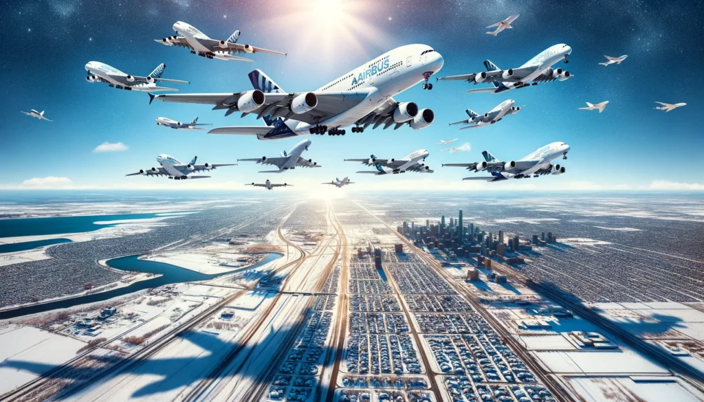 Airbus A380 airplanes flying in a clear blue sky over a snowy winter landscape in the United States.