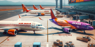 Photo of Air India and Akasa Air aircrafts parked side by side at an airport terminal. The scene depicts a sunny day with a clear blue sky
