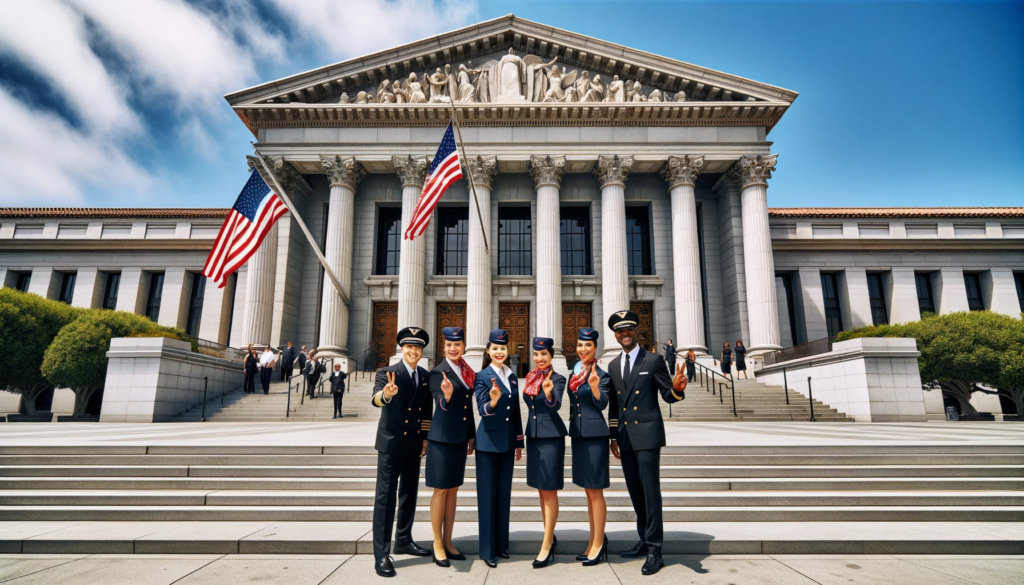 Photo of four diverse flight attendants (two women and two men) of American Airlines celebrating outside a courtroom. The women are East Asian.