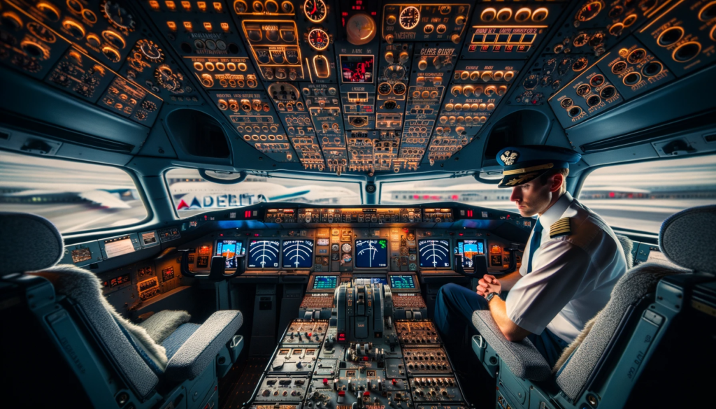 Photo of a Delta Air Lines cockpit from the inside, with a focus on the intricate control panels, dials, and flight instruments. A co-pilot is present