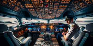 Photo of a Delta Air Lines cockpit from the inside, with a focus on the intricate control panels, dials, and flight instruments. A co-pilot is present