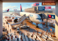 Delta Airlines aircraft parked at a bustling airport terminal, with passengers boarding via an aerobridge